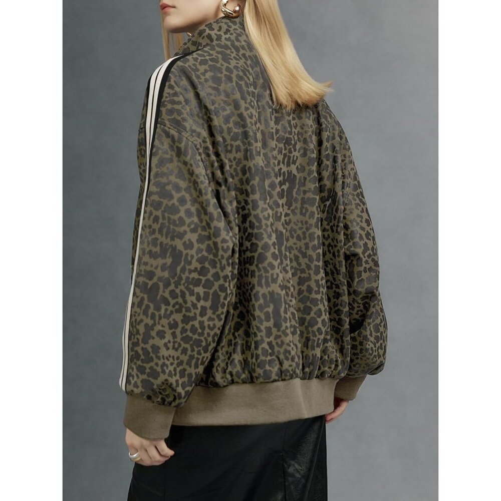 Women's Leopard Print Striped Jacket Zip Up Lightweight Coat Long Sleeve L Brown - Picture 4 of 5